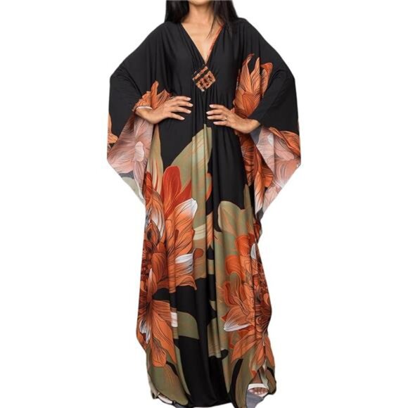 Women Ethnic Print Kaftan Beach Dress Plus Size Swimsuit Cover Up - Picture 1 of 5
